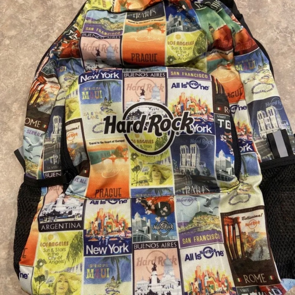 NWT Hard Rock Cafe Packable Backpack Multicolor World Travel Lightweight Poster